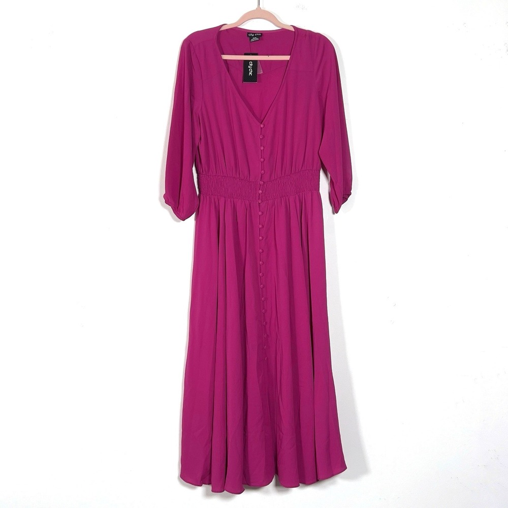 City Chic Zadie Shirred Waist Button Front Maxi Dress Sz XS/14 Pink 3/4 Sleeve - Picture 2 of 15